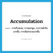 accumulation แปลว่า?, คำศัพท์ภาษาอังกฤษ accumulation แปลว่า การเก็บสะสม, การพอกพูน, การรวมตัวกันมากขึ้น, การเพิ่มจำนวนมากขึ้น ประเภท N หมวด N