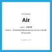 air แปลว่า?, คำศัพท์ภาษาอังกฤษ air แปลว่า อากาศ ประเภท N ตัวอย่าง ฝ่ายพันธมิตรได้ทุ่มเทแสนยานุภาพทางอากาศโจมตีอิรักอย่างหนัก หมวด N