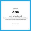 arm แปลว่า?, คำศัพท์ภาษาอังกฤษ arm แปลว่า อาวุธยุทโธปกรณ์ ประเภท N ตัวอย่าง ประเทศที่พัฒนาแล้วไม่จำเป็นต้องมีจำนวนกำลังพลมากเหมือนก่อน เพราะใช้อาวุธยุทโธปกรณ์ที่ทันสมัยขึ้น หมวด N