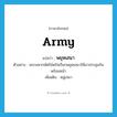 army แปลว่า?, คำศัพท์ภาษาอังกฤษ army แปลว่า พยุหเสนา ประเภท N ตัวอย่าง พระมหากษัตริย์ตรัสเรียกพยุหเสนาให้มาประชุมกันพร้อมหน้า เพิ่มเติม หมู่เสนา หมวด N