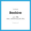 beehive แปลว่า?, คำศัพท์ภาษาอังกฤษ beehive แปลว่า โก๋น ประเภท N เพิ่มเติม เรียกผึ้งที่ทำรังในโพรงไม้ว่า ผึ้งโก๋น หมวด N