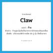 claw แปลว่า?, คำศัพท์ภาษาอังกฤษ claw แปลว่า ก้าม ประเภท N ตัวอย่าง ก้ามปูอบวุ้นเส้นเป็นอาหารจานโปรดของฉันและเพื่อน เพิ่มเติม อวัยวะของสัตว์บางชนิด เช่น ปู กุ้ง ใช้หนีบอาหาร หมวด N