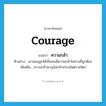 courage แปลว่า?, คำศัพท์ภาษาอังกฤษ courage แปลว่า ความกล้า ประเภท N ตัวอย่าง เขาสอนลูกให้เป็นคนมีความกล้าในทางที่ถูกต้อง เพิ่มเติม ความกล้าหาญไม่กลัวเกรงอันตรายใดๆ หมวด N