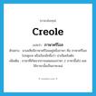 Creole แปลว่า?, คำศัพท์ภาษาอังกฤษ Creole แปลว่า ภาษาครีโอล ประเภท N ตัวอย่าง มาเลเซียมีภาษาครีโอลอยู่หนึ่งภาษา คือ ภาษาครีโอลโปรตุเกส หรือเรียกอีกชื่อว่า ปาเปียคริสตัง เพิ่มเติม ภาษาที่เกิดจากการผสมของภาษา 2 ภาษาขึ้นไป และใช้ภาษานั้นเป็นภาษาแม่ หมวด N