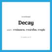 decay แปลว่า?, คำศัพท์ภาษาอังกฤษ decay แปลว่า การย่อยสลาย, การเน่าเปื่อย, การผุพัง ประเภท N หมวด N