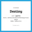 destiny แปลว่า?, คำศัพท์ภาษาอังกฤษ destiny แปลว่า บุญกรรม ประเภท N ตัวอย่าง ต่อไปในอนาคตจะเป็นอย่างไรก็แล้วแต่บุญกรรมของแต่ละคน เพิ่มเติม สิ่งที่พึงกระทำมา หมวด N