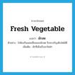 fresh vegetable แปลว่า?, คำศัพท์ภาษาอังกฤษ fresh vegetable แปลว่า ผักสด ประเภท N ตัวอย่าง ไก่ต้องกินแคลเซี่ยมและผักสด จึงจะเจริญเติบโตได้ดี เพิ่มเติม ผักที่เพิ่งเก็บมาใหม่ๆ หมวด N