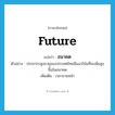 อนาคต ภาษาอังกฤษ?, คำศัพท์ภาษาอังกฤษ อนาคต แปลว่า future ประเภท N ตัวอย่าง ประชากรสูงอายุของประเทศไทยมีแนวโน้มที่จะเพิ่มสูงขึ้นในอนาคต เพิ่มเติม เวลาภายหน้า หมวด N