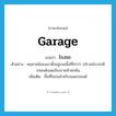 โรงรถ ภาษาอังกฤษ?, คำศัพท์ภาษาอังกฤษ โรงรถ แปลว่า garage ประเภท N ตัวอย่าง คฤหาสน์ของเขาตั้งอยู่บนเนื้อที่ไร่กว่า บริเวณโรงรถมีรถยนต์จอดเรียงรายห้าหกคัน เพิ่มเติม พื้นที่ในร่มสำหรับจอดรถยนต์ หมวด N