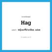 hag แปลว่า?, คำศัพท์ภาษาอังกฤษ hag แปลว่า หญิงแก่ที่น่าเกลียด, แม่มด ประเภท ADJ หมวด ADJ