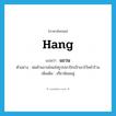 hang แปลว่า?, คำศัพท์ภาษาอังกฤษ hang แปลว่า แขวน ประเภท V ตัวอย่าง พ่อค้าแขวนโคมไฟรูปปลาปักเป้าเอาไว้หน้าร้าน เพิ่มเติม เกี่ยวห้อยอยู่ หมวด V