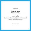 inner แปลว่า?, คำศัพท์ภาษาอังกฤษ inner แปลว่า วงใน ประเภท ADJ ตัวอย่าง เขาเป็นคนวงใน จึงรู้เรื่องราวต่างๆ เป็นอย่างดี เพิ่มเติม ที่มีส่วนเกี่ยวข้องโดยตรง หมวด ADJ