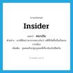 insider แปลว่า?, คำศัพท์ภาษาอังกฤษ insider แปลว่า คนวงใน ประเภท N ตัวอย่าง เขาได้ยินข่าวมาจากคนวงในว่า คดีที่เกิดขึ้นนั้นเป็นเกมการเมือง เพิ่มเติม บุคคลหรือกลุ่มบุคคลที่เกี่ยวข้องใกล้ชิดกัน หมวด N