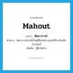 mahout แปลว่า?, คำศัพท์ภาษาอังกฤษ mahout แปลว่า หัตถาจารย์ ประเภท N ตัวอย่าง หัตถาจารย์ท่านนี้เป็นผู้ที่ฝึกหัดช้างทุกตัวที่โรงเรียนฝึกช้างแห่งนี้ เพิ่มเติม ผู้ฝึกหัดช้าง หมวด N