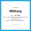 military แปลว่า?, คำศัพท์ภาษาอังกฤษ military แปลว่า วงการทหาร ประเภท N ตัวอย่าง นายทหารคนนี้กระทำตัวเป็นรอยด่างของวงการทหาร สมควรได้รับการลงโทษ เพิ่มเติม หน่วยงานและกลุ่มบุคคลที่เป็นทหาร หมวด N