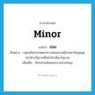 ย่อย ภาษาอังกฤษ?, คำศัพท์ภาษาอังกฤษ ย่อย แปลว่า minor ประเภท ADJ ตัวอย่าง กลุ่มสมัชชาเกษตรกรรายย่อยภาคอีสานพากันชุมนุมประท้วงรัฐบาลที่หน้าทำเนียบรัฐบาล เพิ่มเติม เรียกส่วนน้อยแยกจากส่วนใหญ่ หมวด ADJ