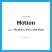 motion แปลว่า?, คำศัพท์ภาษาอังกฤษ motion แปลว่า กิริยาท่าทาง, ท่าทาง, การทำท่าทาง ประเภท N หมวด N