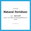 natural fertilizer แปลว่า?, คำศัพท์ภาษาอังกฤษ natural fertilizer แปลว่า ปุ๋ยธรรมชาติ ประเภท N ตัวอย่าง ้ชาวนาใช้ปุ๋ยธรรมชาติแทนปุ๋ยเคมีเพื่อรักษาสภาพแวดล้อม หมวด N