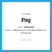 pay แปลว่า?, คำศัพท์ภาษาอังกฤษ pay แปลว่า ค่าตอบแทน ประเภท N ตัวอย่าง คนที่กู้เงินจากธนาคารจะต้องเสียดอกเบี้ยให้ธนาคารเป็นค่าตอบแทน หมวด N