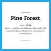 pine forest แปลว่า?, คำศัพท์ภาษาอังกฤษ pine forest แปลว่า ป่าสน ประเภท N ตัวอย่าง การมีทรัพยากรป่าไม้ที่อุดมสมบูรณ์ไม่ว่าจะเป็น ป่าไม้เบญจพรรณป่าดิบเขา ป่าดิบแล้ง ป่าสน จะคอยค้ำจุนระบบนิเวศวิทยาโดยรวม หมวด N