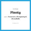 plenty แปลว่า?, คำศัพท์ภาษาอังกฤษ plenty แปลว่า จำนวนมากมาย, ปริมาณอุดมสมบูรณ์, ปริมาณเหลือเฟือ ประเภท N หมวด N