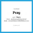 pray แปลว่า?, คำศัพท์ภาษาอังกฤษ pray แปลว่า พิษฐาน ประเภท V ตัวอย่าง ผู้คนถือช่อดอกคูนไปพิษฐานในโบสถ์ เพิ่มเติม ขอร้องต่อสิ่งที่ตนถือว่าศักดิ์สิทธิ์ให้ได้สมปรารถนา หมวด V