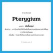 pterygium แปลว่า?, คำศัพท์ภาษาอังกฤษ pterygium แปลว่า ต้อลิ้นหมา ประเภท N ตัวอย่าง การป้องกันไม่ให้เป็นต้อลิ้นหมาและต้อลมอาจทำได้โดยการใส่แว่นกันแดด เพิ่มเติม โรคตาที่เกิดจากเยื่อตางอกไปบนกระจกตา หมวด N