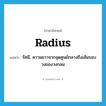 radius แปลว่า?, คำศัพท์ภาษาอังกฤษ radius แปลว่า รัศมี, ความยาวจากจุดศูนย์กลางถึงเส้นรอบวงของวงกลม ประเภท N หมวด N