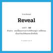 reveal แปลว่า?, คำศัพท์ภาษาอังกฤษ reveal แปลว่า แฉ ประเภท V ตัวอย่าง ขณะนี้คณะกรรมการบริษัทรออยู่ว่า จะมีใครแฉเงื่อนงำในบริษัทออกมาอีกหรือไม่ หมวด V