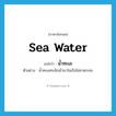 sea water แปลว่า?, คำศัพท์ภาษาอังกฤษ sea water แปลว่า น้ำทะเล ประเภท N ตัวอย่าง น้ำทะเลทะลักเข้ามาในเรือไม่ขาดระยะ หมวด N