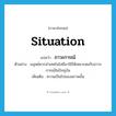 situation แปลว่า?, คำศัพท์ภาษาอังกฤษ situation แปลว่า ภาวะการณ์ ประเภท N ตัวอย่าง มนุษย์ควรนำเทคโนโลยีมาใช้ให้เหมาะสมกับภาวะการณ์ในปัจจุบัน เพิ่มเติม ความเป็นไปของสภาพนั้น หมวด N