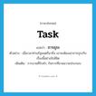 task แปลว่า?, คำศัพท์ภาษาอังกฤษ task แปลว่า ภารธุระ ประเภท N ตัวอย่าง เมื่อเวลาท่านรัฐมนตรีมาถึง เขาจะต้องเอาภารธุระกับเรื่องนี้อย่างใกล้ชิด เพิ่มเติม การงานที่รับทำ, กิจการที่ขวนขวายประกอบ หมวด N