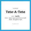 tete-a-tete แปลว่า?, คำศัพท์ภาษาอังกฤษ tete-a-tete แปลว่า หนุงหนิง ประเภท ADV ตัวอย่าง คู่หนุ่มสาวพูดคุยหนุงหนิงกันตามประสาคู่รัก เพิ่มเติม เสียงพูดจู๋จี๋ระหว่างคู่รัก หมวด ADV