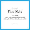 tiny hole แปลว่า?, คำศัพท์ภาษาอังกฤษ tiny hole แปลว่า ตามด ประเภท N ตัวอย่าง ช่างเอาอลูมิเนียมมาบัดกรีอุดตามดก้นหม้อ เพิ่มเติม รูเล็กๆ ที่น้ำซึมออกได้อย่างรูรั่วตามก้นหม้อเป็นต้น หมวด N