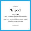 tripod แปลว่า?, คำศัพท์ภาษาอังกฤษ tripod แปลว่า ขาหยั่ง ประเภท N ตัวอย่าง รูปภาพของเขาตั้งอยู่บนขาหยั่งที่เป็นไม้สลักอย่างสวยงาม เพิ่มเติม ไม้ 3 อันผูกปลายรวมกันและกางออกไป สำหรับตั้งหรือห้อยของต่างๆ เช่นรูปเขียน เป็นต้น หมวด N