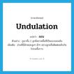 undulation แปลว่า?, คำศัพท์ภาษาอังกฤษ undulation แปลว่า ลอน ประเภท N ตัวอย่าง ภูเขาทั้ง 2 ลูกมีสภาพพื้นที่เป็นแบบลอนชัน เพิ่มเติม ส่วนที่มีลักษณะสูงๆ ต่ำๆ อย่างลูกคลื่นติดต่อสลับกันไปบนพื้นราบ หมวด N