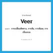 veer แปลว่า?, คำศัพท์ภาษาอังกฤษ veer แปลว่า การเปลี่ยนทิศทาง, การหัน, การหันเห, การเบี่ยงเบน ประเภท N หมวด N