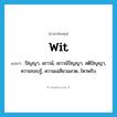 wit แปลว่า?, คำศัพท์ภาษาอังกฤษ wit แปลว่า ปัญญา, เชาวน์, เชาวน์ปัญญา, สติปัญญา, ความรอบรู้, ความเฉลียวฉลาด, ไหวพริบ ประเภท N หมวด N