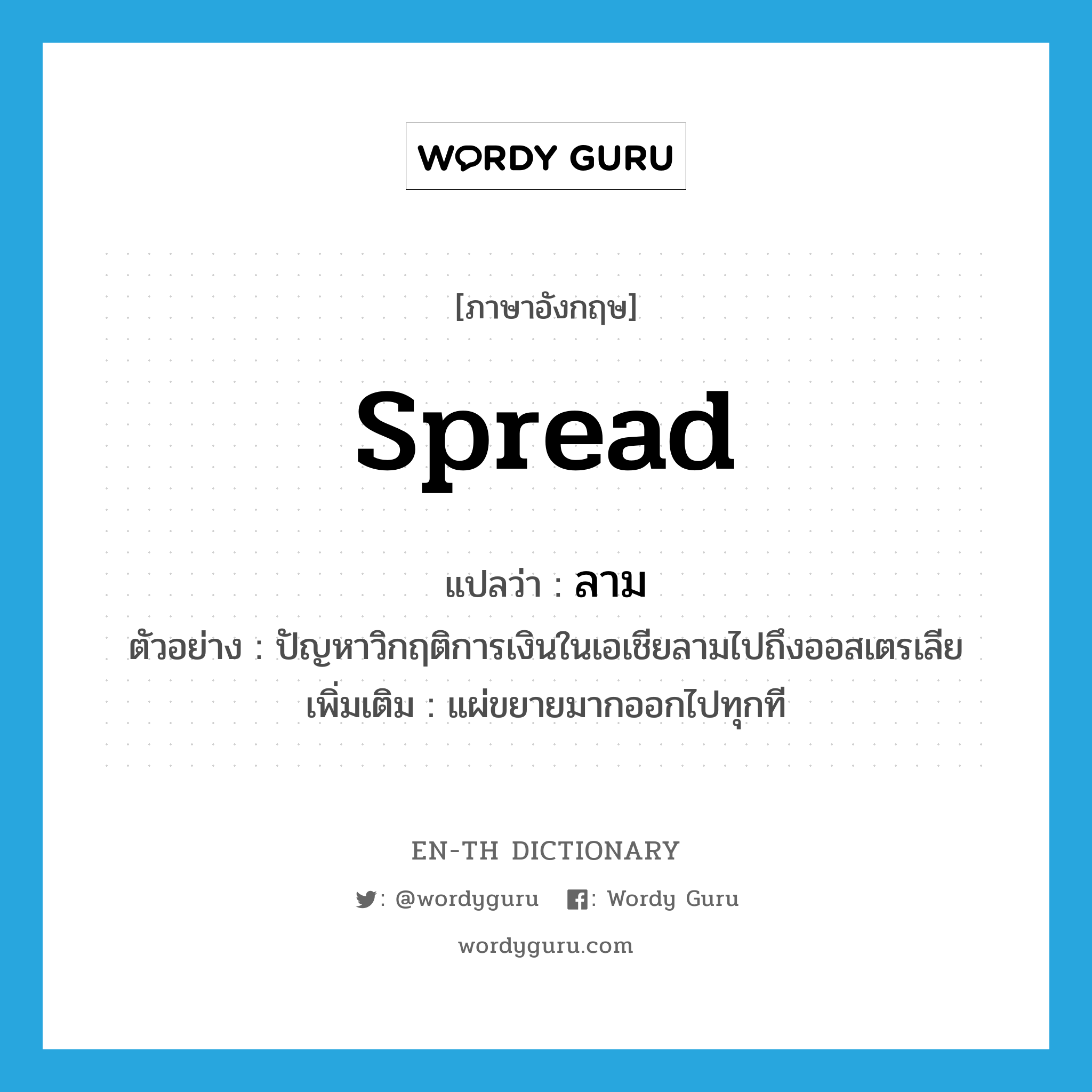 spread แปลว่า?, คำศัพท์ภาษาอังกฤษ spread แปลว่า ลาม ประเภท V ตัวอย่าง ปัญหาวิกฤติการเงินในเอเชียลามไปถึงออสเตรเลีย เพิ่มเติม แผ่ขยายมากออกไปทุกที หมวด V