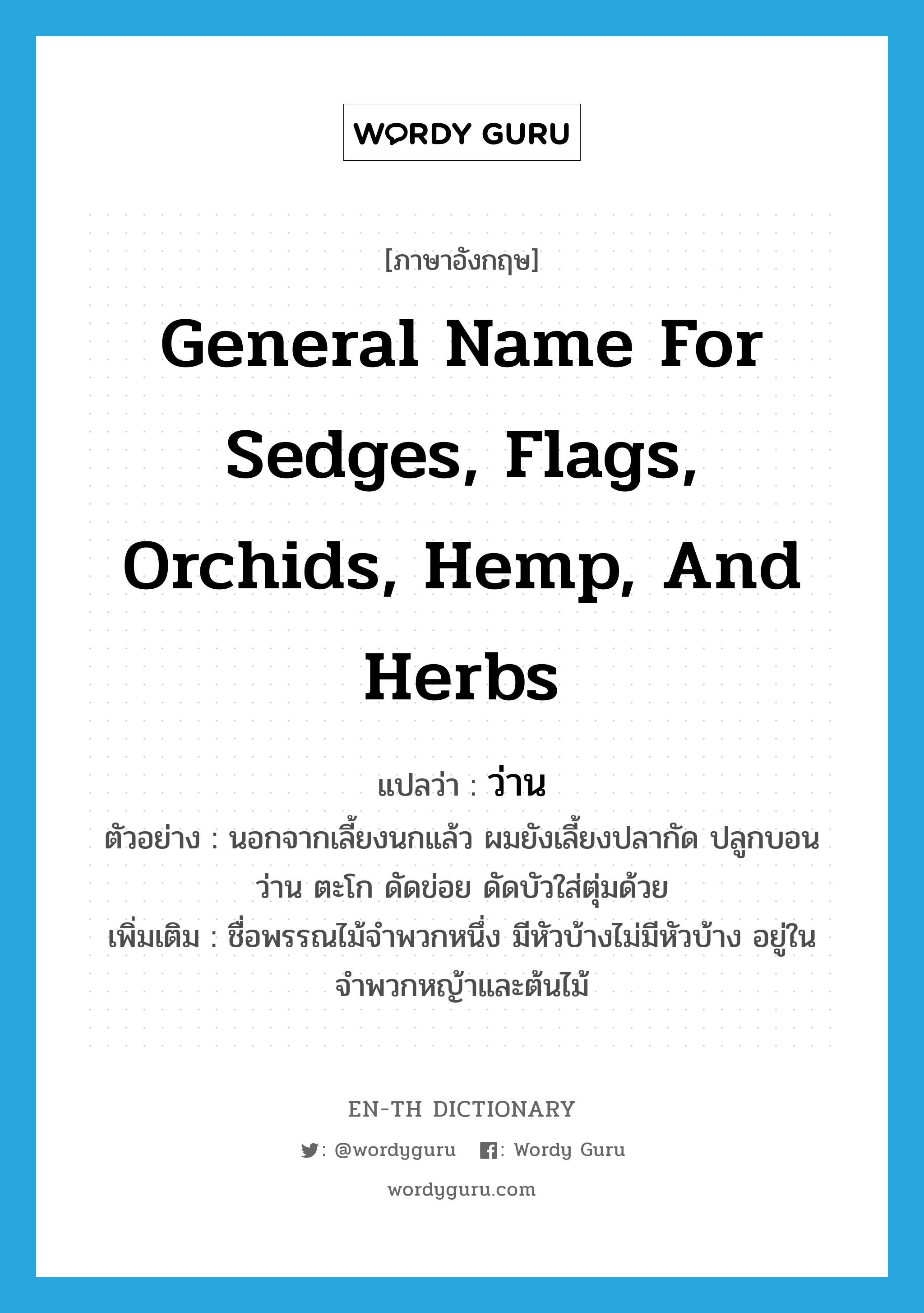 general name for sedges, flags, orchids, hemp, and herbs แปลว่า?, คำศัพท์ภาษาอังกฤษ general name for sedges, flags, orchids, hemp, and herbs แปลว่า ว่าน ประเภท N ตัวอย่าง นอกจากเลี้ยงนกแล้ว ผมยังเลี้ยงปลากัด ปลูกบอน ว่าน ตะโก ดัดข่อย ดัดบัวใส่ตุ่มด้วย เพิ่มเติม ชื่อพรรณไม้จำพวกหนึ่ง มีหัวบ้างไม่มีหัวบ้าง อยู่ในจำพวกหญ้าและต้นไม้ หมวด N