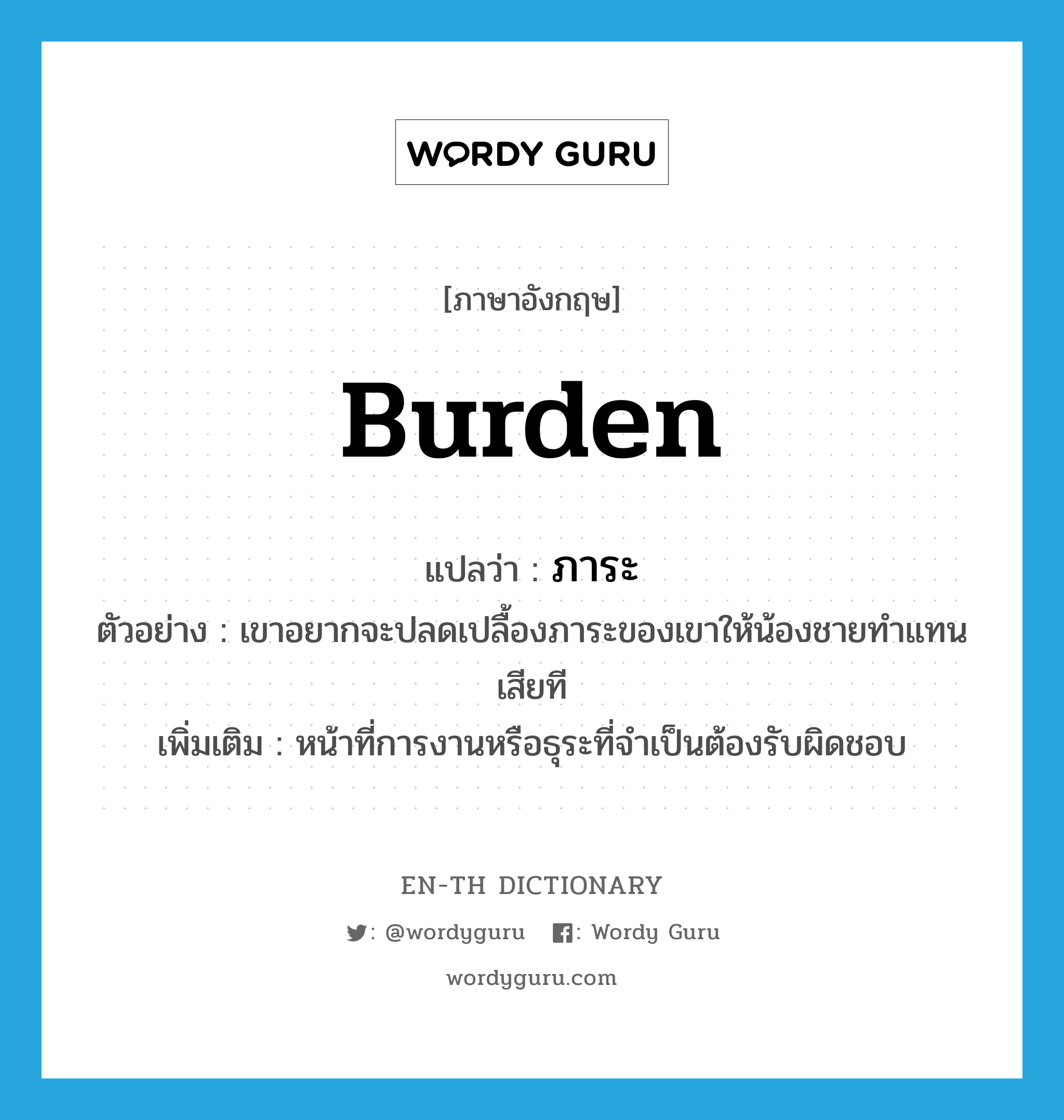 burden แปลว่า?, คำศัพท์ภาษาอังกฤษ burden แปลว่า ภาระ ประเภท N ตัวอย่าง เขาอยากจะปลดเปลื้องภาระของเขาให้น้องชายทำแทนเสียที เพิ่มเติม หน้าที่การงานหรือธุระที่จำเป็นต้องรับผิดชอบ หมวด N