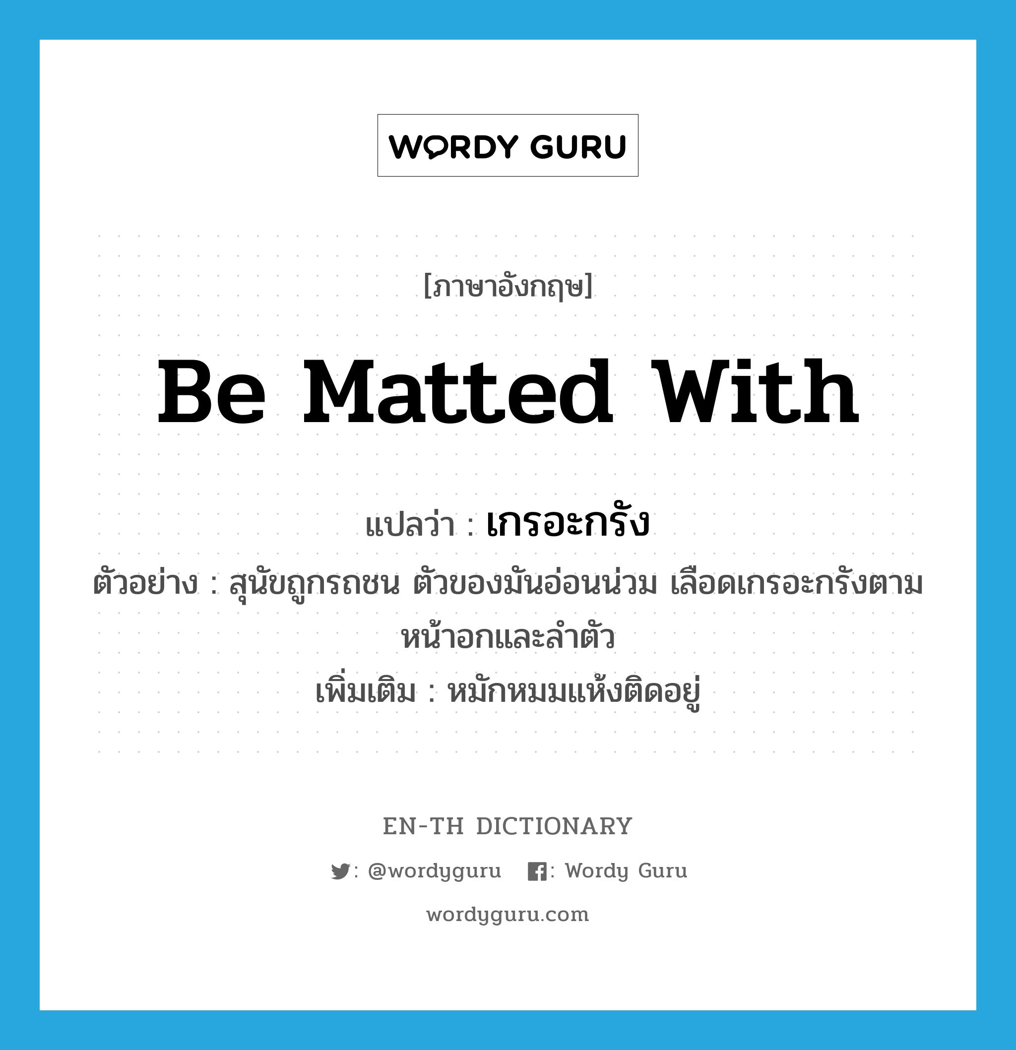 be matted with แปลว่า?, คำศัพท์ภาษาอังกฤษ be matted with แปลว่า เกรอะกรัง ประเภท V ตัวอย่าง สุนัขถูกรถชน ตัวของมันอ่อนน่วม เลือดเกรอะกรังตามหน้าอกและลำตัว เพิ่มเติม หมักหมมแห้งติดอยู่ หมวด V