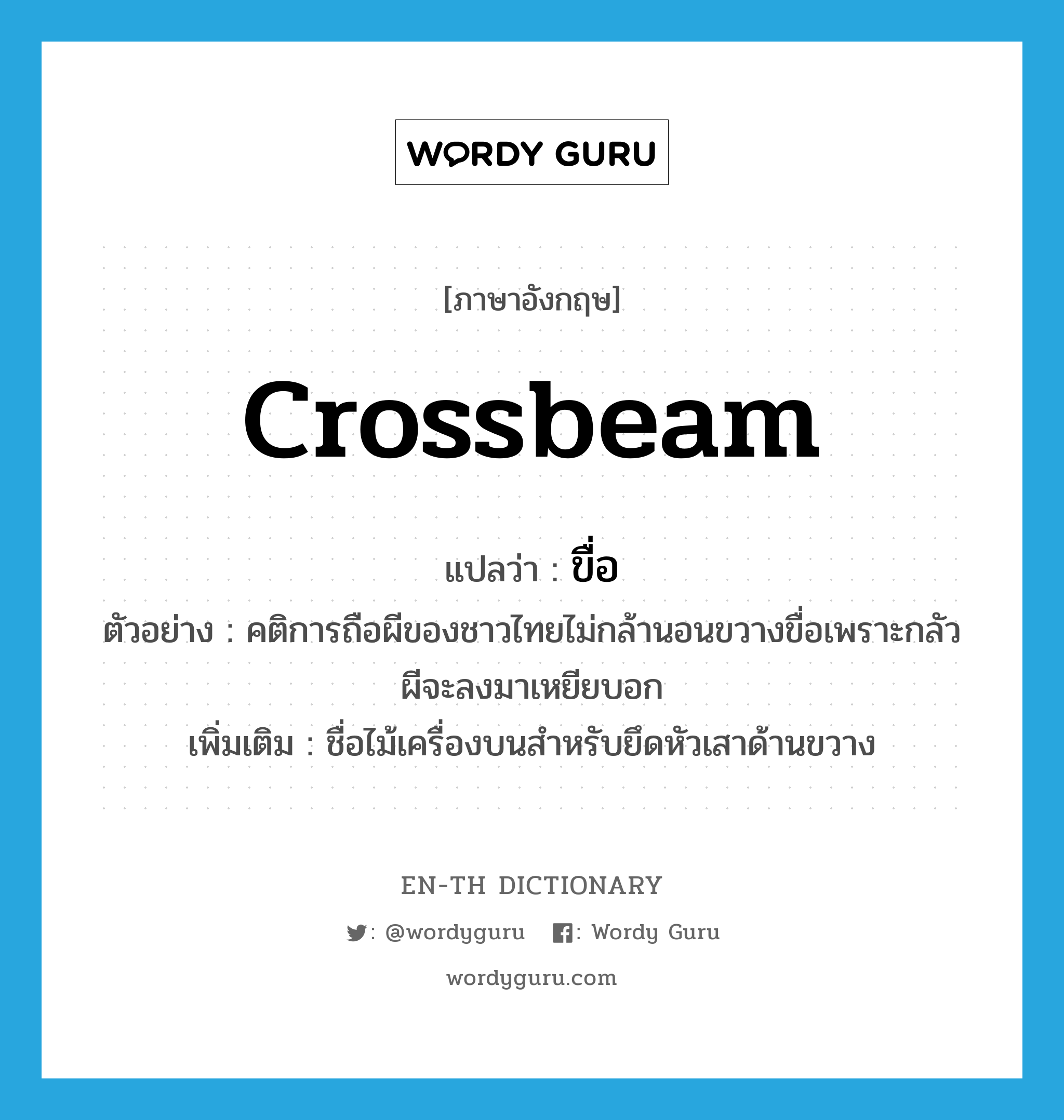 crossbeam แปลว่า?, คำศัพท์ภาษาอังกฤษ crossbeam แปลว่า ขื่อ ประเภท N ตัวอย่าง คติการถือผีของชาวไทยไม่กล้านอนขวางขื่อเพราะกลัวผีจะลงมาเหยียบอก เพิ่มเติม ชื่อไม้เครื่องบนสำหรับยึดหัวเสาด้านขวาง หมวด N