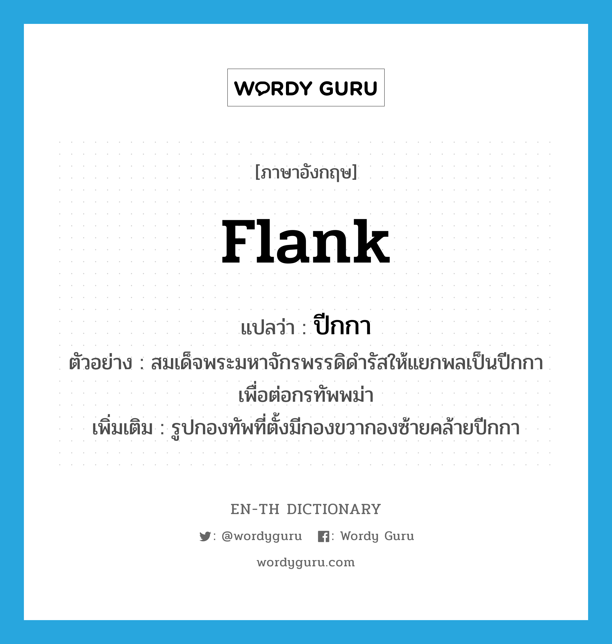 flank แปลว่า?, คำศัพท์ภาษาอังกฤษ flank แปลว่า ปีกกา ประเภท N ตัวอย่าง สมเด็จพระมหาจักรพรรดิดำรัสให้แยกพลเป็นปีกกาเพื่อต่อกรทัพพม่า เพิ่มเติม รูปกองทัพที่ตั้งมีกองขวากองซ้ายคล้ายปีกกา หมวด N