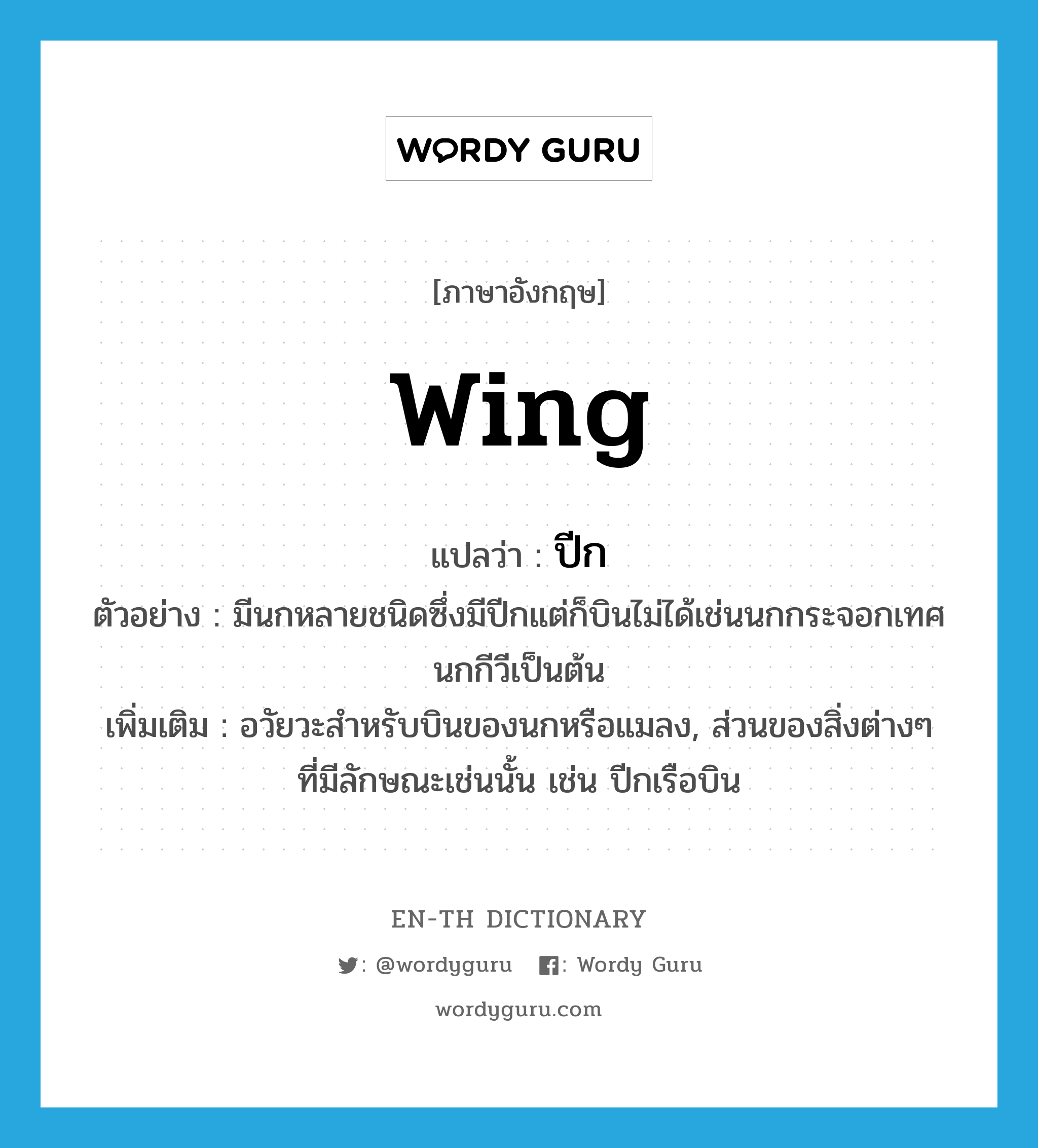 wing แปลว่า?, คำศัพท์ภาษาอังกฤษ wing แปลว่า ปีก ประเภท N ตัวอย่าง มีนกหลายชนิดซึ่งมีปีกแต่ก็บินไม่ได้เช่นนกกระจอกเทศ นกกีวีเป็นต้น เพิ่มเติม อวัยวะสำหรับบินของนกหรือแมลง, ส่วนของสิ่งต่างๆ ที่มีลักษณะเช่นนั้น เช่น ปีกเรือบิน หมวด N