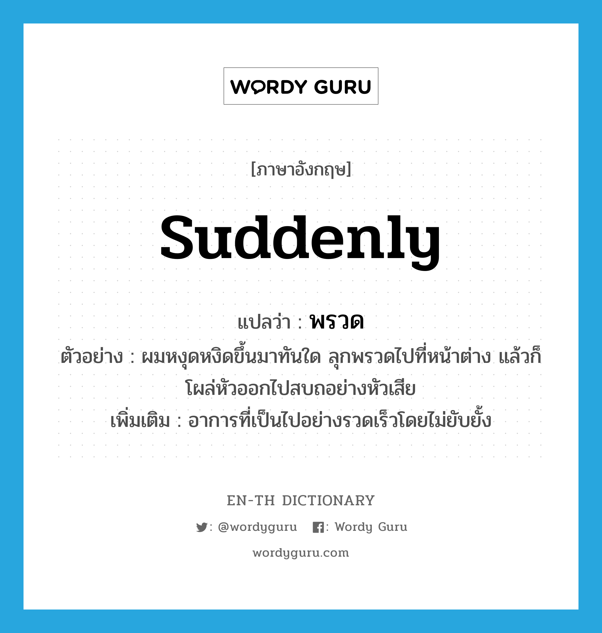 suddenly แปลว่า?, คำศัพท์ภาษาอังกฤษ suddenly แปลว่า พรวด ประเภท ADV ตัวอย่าง ผมหงุดหงิดขึ้นมาทันใด ลุกพรวดไปที่หน้าต่าง แล้วก็โผล่หัวออกไปสบถอย่างหัวเสีย เพิ่มเติม อาการที่เป็นไปอย่างรวดเร็วโดยไม่ยับยั้ง หมวด ADV