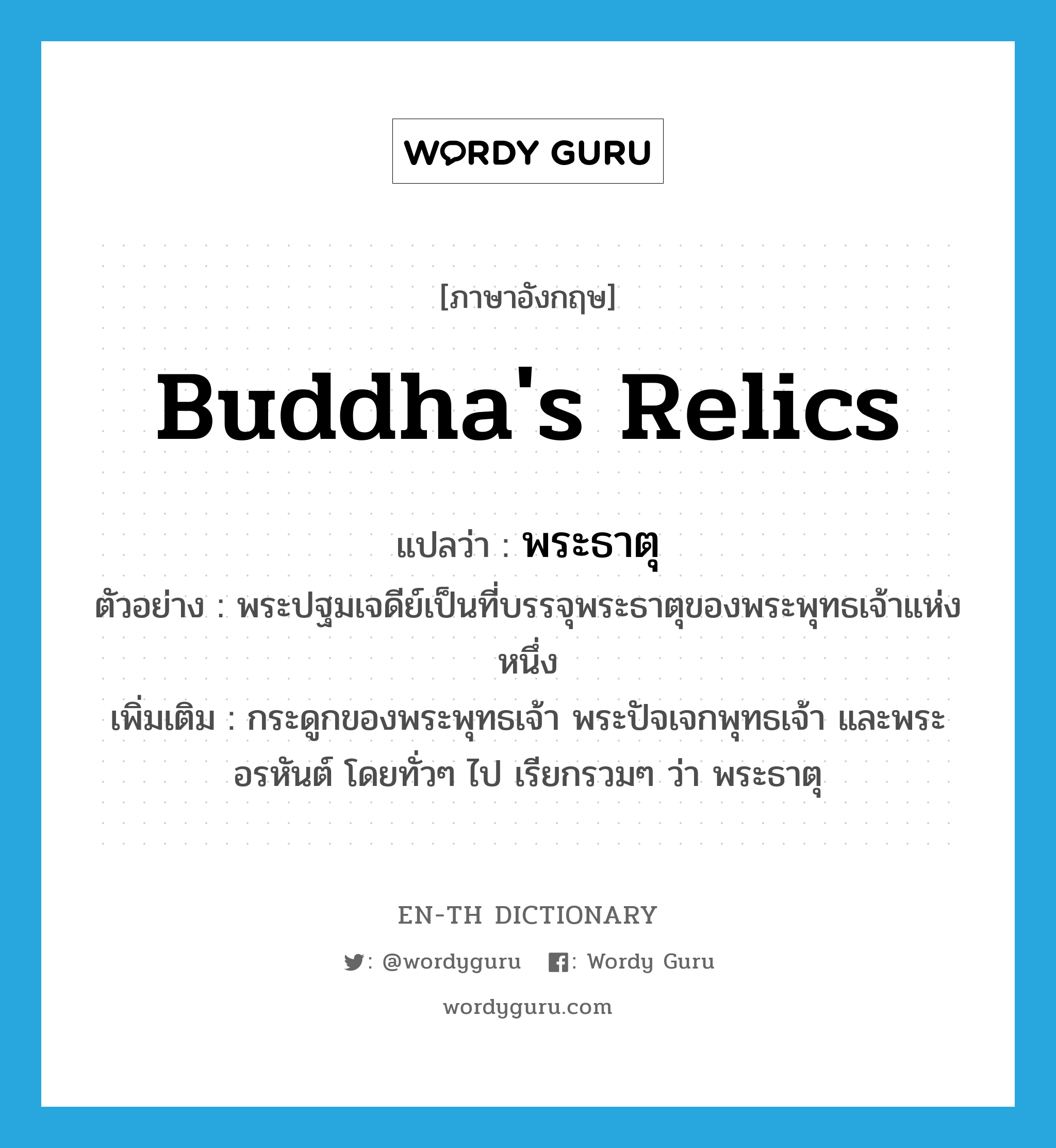 Buddha&#39;s relics แปลว่า?, คำศัพท์ภาษาอังกฤษ Buddha&#39;s relics แปลว่า พระธาตุ ประเภท N ตัวอย่าง พระปฐมเจดีย์เป็นที่บรรจุพระธาตุของพระพุทธเจ้าแห่งหนึ่ง เพิ่มเติม กระดูกของพระพุทธเจ้า พระปัจเจกพุทธเจ้า และพระอรหันต์ โดยทั่วๆ ไป เรียกรวมๆ ว่า พระธาตุ หมวด N