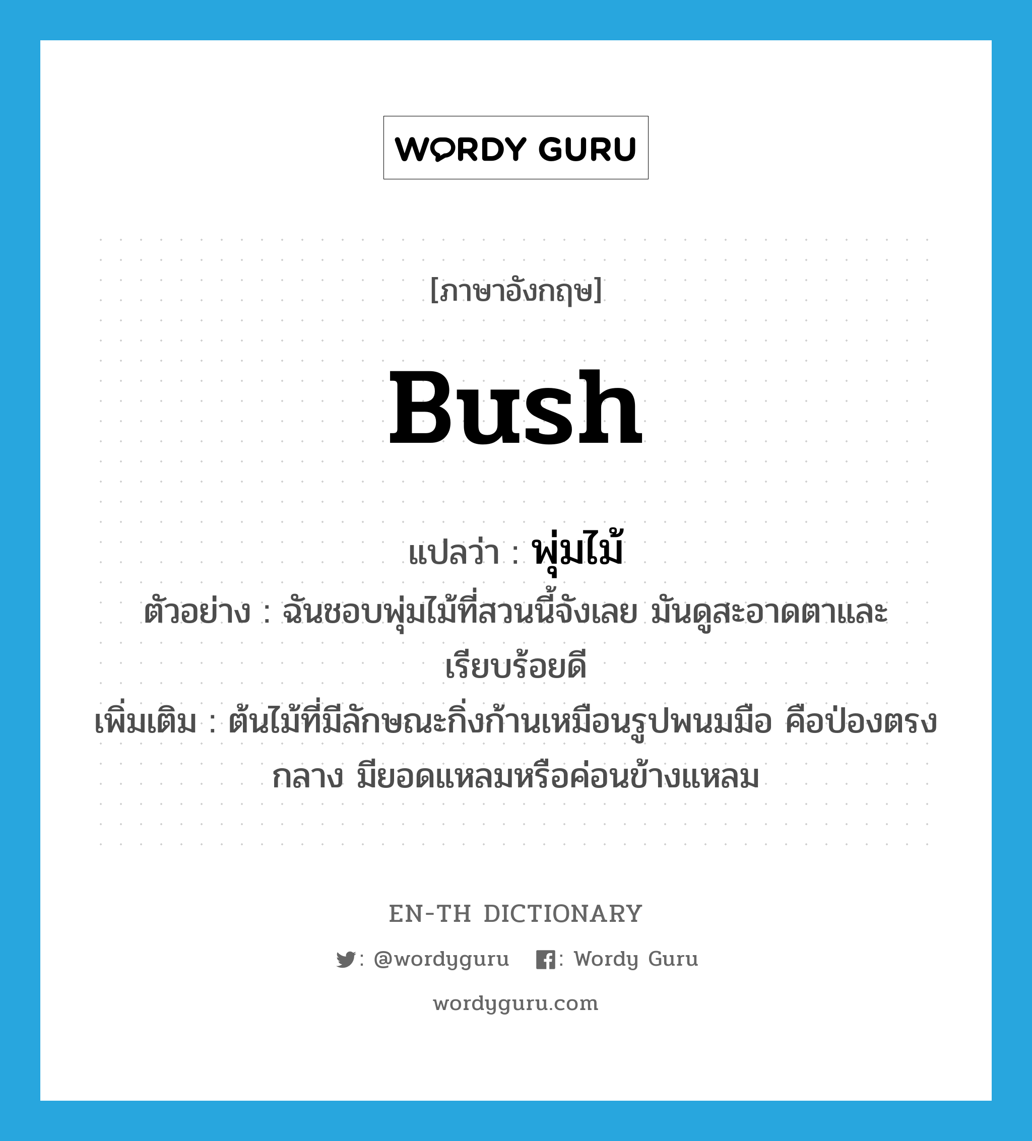 bush แปลว่า?, คำศัพท์ภาษาอังกฤษ bush แปลว่า พุ่มไม้ ประเภท N ตัวอย่าง ฉันชอบพุ่มไม้ที่สวนนี้จังเลย มันดูสะอาดตาและเรียบร้อยดี เพิ่มเติม ต้นไม้ที่มีลักษณะกิ่งก้านเหมือนรูปพนมมือ คือป่องตรงกลาง มียอดแหลมหรือค่อนข้างแหลม หมวด N