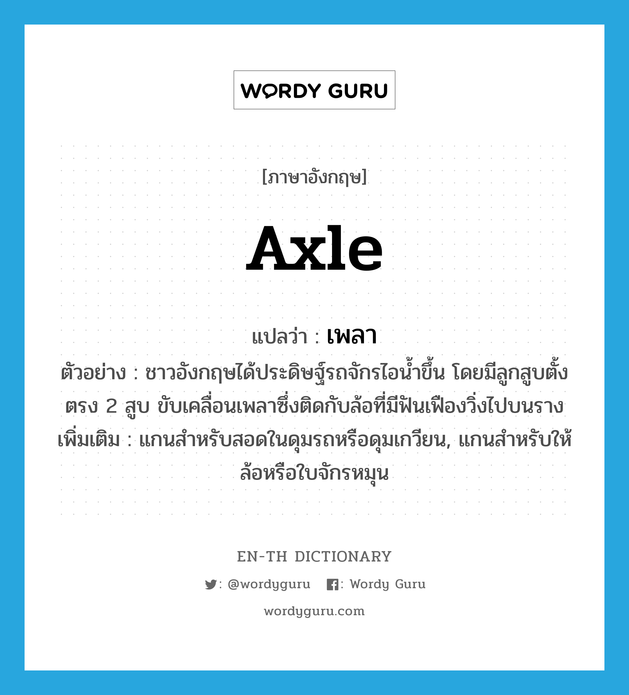 axle แปลว่า?, คำศัพท์ภาษาอังกฤษ axle แปลว่า เพลา ประเภท N ตัวอย่าง ชาวอังกฤษได้ประดิษฐ์รถจักรไอน้ำขึ้น โดยมีลูกสูบตั้งตรง 2 สูบ ขับเคลื่อนเพลาซึ่งติดกับล้อที่มีฟันเฟืองวิ่งไปบนราง เพิ่มเติม แกนสำหรับสอดในดุมรถหรือดุมเกวียน, แกนสำหรับให้ล้อหรือใบจักรหมุน หมวด N