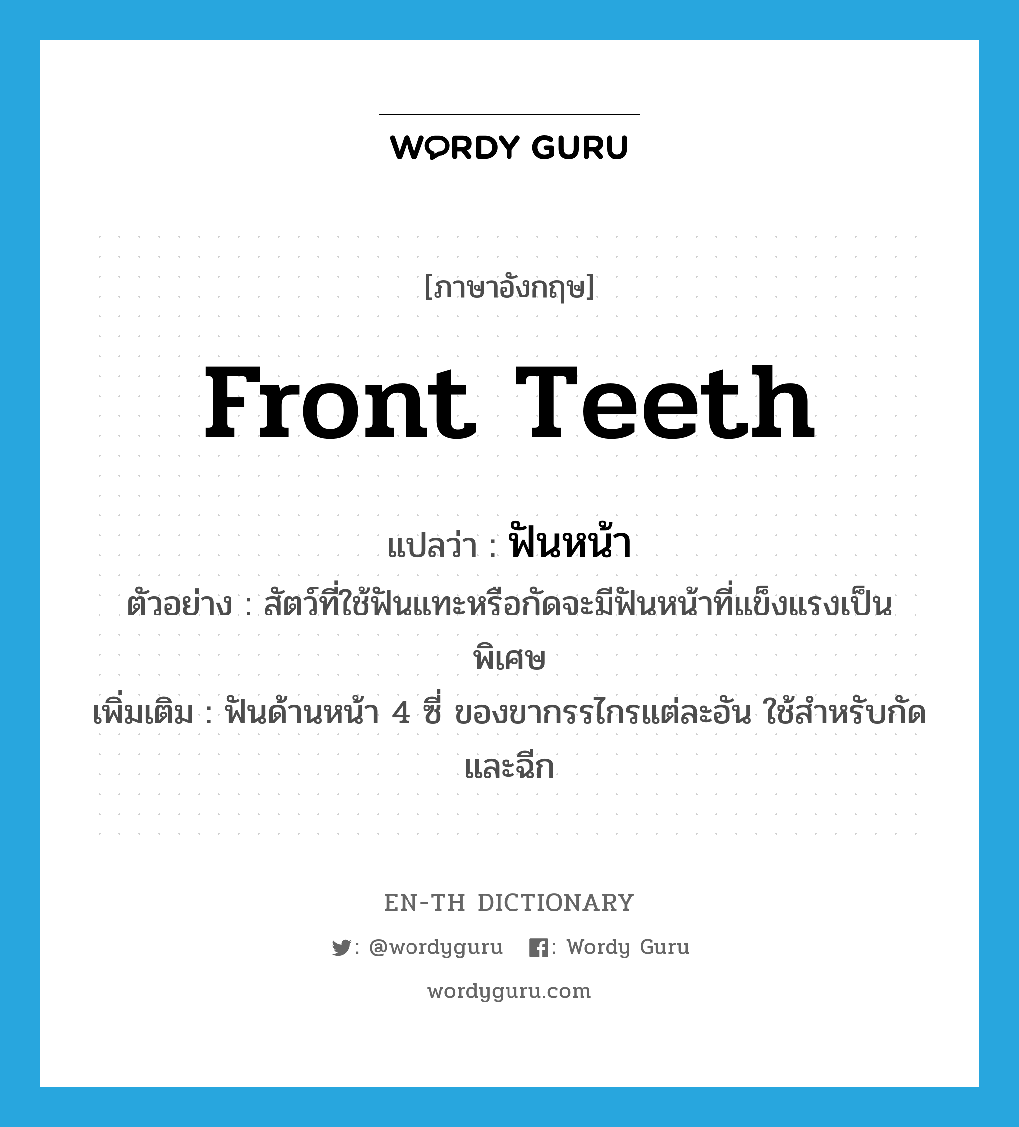 front teeth แปลว่า?, คำศัพท์ภาษาอังกฤษ front teeth แปลว่า ฟันหน้า ประเภท N ตัวอย่าง สัตว์ที่ใช้ฟันแทะหรือกัดจะมีฟันหน้าที่แข็งแรงเป็นพิเศษ เพิ่มเติม ฟันด้านหน้า 4 ซี่ ของขากรรไกรแต่ละอัน ใช้สำหรับกัดและฉีก หมวด N